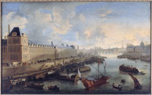 La Grande Galerie du Louvre, le Pont-Neuf, la Cité, le collège des Quatres-Nations, hacia 1670, en el Sena la galera real, actuales distritos 1 y 6, entre 1670 y 1685 (óleo sobre lienzo) de Unknown artist