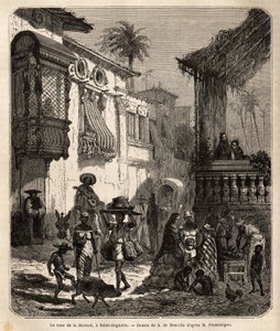 La casa de la Merced (ahora Calle de la Merced) en San Agustín, la ciudad más antigua de los Estados Unidos, fundada por los españoles en 1565; calle principal de la ciudad, pequeña y populosa, con varios animales y una mezcla singular de varias tradicione