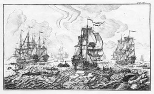 La caza de la ballena - grabado en "Relato clásico de la industria ballenera ártica" de Cornelis Zorgdrager de Unknown artist
