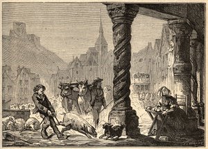 La gran calle un día de mercado en Dol de Bretaña - grabado en “PATRIE” - DESCRIPCIÓN PICTURESQUE DE FRANCIA EN 6 VOLÚMENES POR LUCIEN HUARD - finales del siglo XIX de Unknown artist