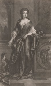 Dama (con perro, apoyada en pedestal con bajorrelieve de cornucopia)
