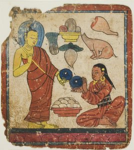 Dama que ofrece comida a un monje, de un juego de cartas de iniciación (Tsakali) de Unknown artist
