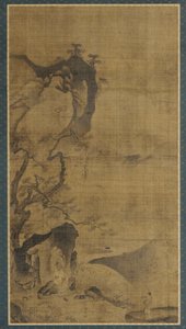 Paisaje: montañas y agua; una figura bajo un pino de Unknown artist