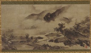 Paisaje: montañas, niebla y arroyo de Unknown artist