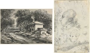 Paisaje con cabaña (anverso); Estudios de cabezas (verso) de Unknown artist