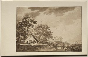 Paisaje con cabaña y puente de Unknown artist