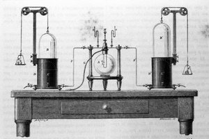 Aparato de Lavoisier y Laplace para la formación de agua mediante la combustión de gases de oxígeno e hidrógeno en un matraz de vidrio. Grabado del siglo XIX