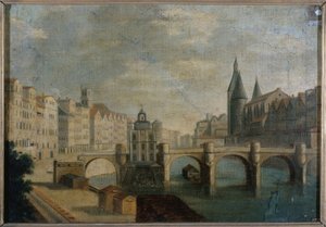 Le Grand Bras du Pont-Neuf et la pompe de la Samaritaine, hacia 1800, actual distrito 1, entre 1795 y 1805 (óleo sobre lienzo) de Unknown artist