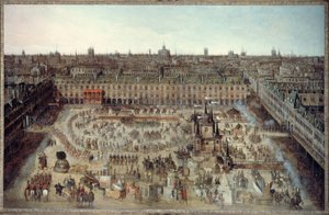 El "Roman des chevaliers de la gloire", gran carrusel celebrado del 5 al 7 de abril de 1612 para festejar la boda de Luis XIII con Ana de Austria, Place Royale, hacia 1612 (óleo sobre lienzo) de Unknown artist