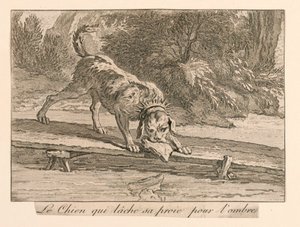 "El perro que suelta su presa por la sombra" de las Fábulas de La Fontaine de Unknown artist