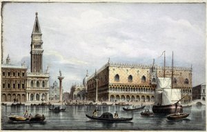 El muelle visto desde el canal en "Álbum de las principales vistas de Venecia", ilustrado por Marco Moro, ed. Gio Brizeghel, c.1840