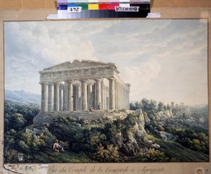 El Templo de la Concordia en Agrigento (Sicilia, Italia) (El Templo de la Concordia en Agrigento). Pintura anónima. Acuarela sobre papel, 66,5 x 88 cm, principios del siglo XIX. Paisaje, romanticismo. Museo de Arte Regional, Vinnytsia (Ucrania).