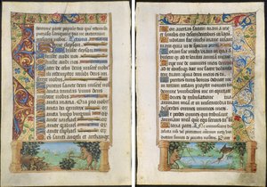 Hoja de un libro de horas: Ape Hunting Wild Boars (anverso) y Ape Fishing (verso) de Unknown artist