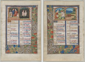 Hoja de un libro de horas: página de calendario de mayo (anverso) y página de calendario de junio (verso) (2 de 3 hojas extirpadas)