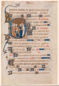Hoja de un libro de horas con una D inicial adornada que representa a Cristo ante Pilato de Unknown artist