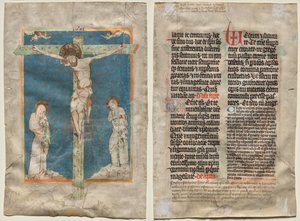 Hoja de un Misal: La Crucifixión (recto) y Texto (verso)