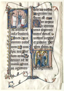 Leaf from a Missal with Two Historiated Initials: Initial P[er omnia saecula saeculorum] (A Priest Celebrates Mass) and Initial V[ere dignum et iustum est] (Ecclesia and Synagogue) de Unknown artist