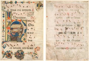 Hoja de un Antifonario con Inicial Historiada (H) con La Natividad (recto) y Música (verso) de Unknown artist
