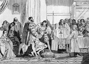 Leonardo da Vinci muriendo en los brazos de Francisco I (1494 - 1547) en 1519 en Clos Lucé. Grabado.