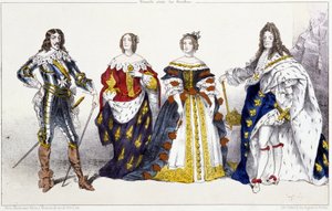 Los Borbones: Luis XIII (1601-1643) y Ana de Austria (1601-1666), María Teresa de Austria (o España) (1638-1683) y Luis XIV (1638-1715) - Placa extraída de Reyes y Reinas de Francia en grabados, París, ed. Swift de Unknown artist