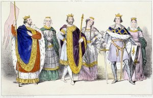 Los Capetos: Luis VI El Gordo (1081-1137) y Adelaida de Saboya (ca. 1100-1154), Luis VII El Joven (1120-1180) y Adela de Champaña (o Blois) (ca. 1140-1206), Felipe II llamado Felipe Augusto (1165-1223) e Isabel de Henao (1170-1190) - Lámina de de Unknown artist