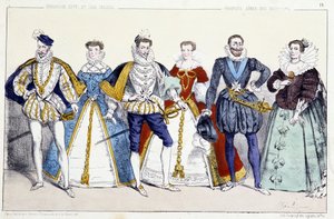 Los Valois y los Borbones: Carlos IX (1550-1574) e Isabel de Austria (1554-1592), Enrique III (1551-1589) y Luisa de Lorena Vaudemont (1553-1601), Enrique IV (1553-1610) y María de Médicis (1575-1642) - Placa extraída de Reyes y Reinas de Francia de Unknown artist