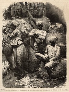 Los trabajadores parsis en reposo, en el mercado de algodón de Bombay. Grabado para ilustrar el viaje en las provincias meridionales de la India, por Alfred Grandidier, en 1862-1864, publicado en “Le tour du monde, nouveau journal des voyages”, 1869, edita de Unknown artist