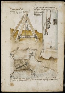 Máquina de palanca y sistema para subir una torre usando una cuerda - Manuscrito: hoja de pergamino de un manual de ingeniero para la construcción de edificios civiles, religiosos y militares, anónimo, finales del siglo XV (figura en tinta china) de Unknown artist