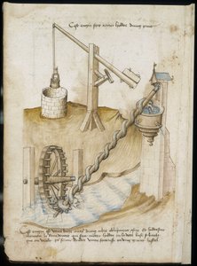 Sistemas de palanca para pozos y suministro de agua por rueda de tornillo - Manuscrito: hoja de pergamino de un manual de ingeniero para la construcción de edificios civiles, religiosos y militares, anónimo, finales del siglo XV (figura en tinta china) de Unknown artist