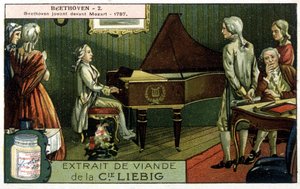 Cromolitografía de Liebig. Ludwig van Beethoven (1770-1827) toca ante Wolfgang Amadeus Mozart (1756-1791). Aquí en 1787 de Unknown artist