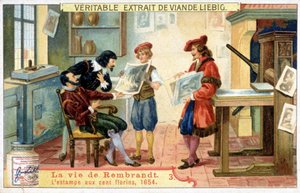 Cromolitografía de Liebig sobre la vida de Rembrandt (1606 - 1669), pintor holandés. Esta es la impresión de 100 florines en 1654 de Unknown artist