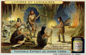 Luz y luminarias: la lámpara de arcilla de los habitantes de las cavernas durante la prehistoria. Ilustración en embalajes de Liebig