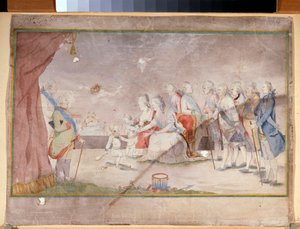 Emperatriz Catalina II con su familia y cortesanos (Emperatriz Catalina II con su familia y cortesanos) - Obra anónima, acuarela y tinta sobre papel, finales de 1780 de Unknown artist