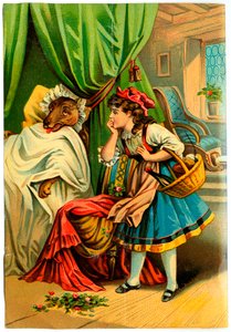 Caperucita Roja descubre al lobo en la cama de su abuela (Cromolitografía finales del siglo XIX) de Unknown artist