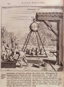 Cargando hemisferios de Magdeburgo suspendidos - en “Ottonis de Guericke: Experimenta Nova Magdeburgica de vacuo spatio” de Otto von Guericke de Unknown artist