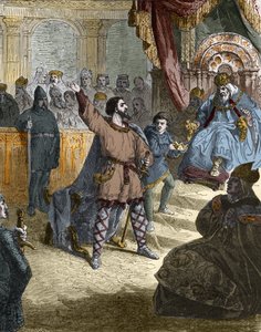 Luis IV de Ultramar (921 - 954), Rey de Francia en el Consejo (Sínodo) de Ingelheim en Alemania en 948 ante Otón I del Sacro Imperio (912-973). Grabado en “Historia de Francia en Cien Pinturas por Paul Lehugeur” 1891.