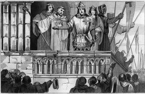 Luis VII el Joven busca apoyo para la Segunda Cruzada en 1144 - Luis VII emprende la 2ª Cruzada tras el consejo de San Bernardo de Claraval - Grabado de 1825 en “Historia de Francia representada por sinopsis” de Unknown artist