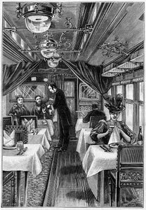 Trenes de lujo en Europa: vista interna de un vagón restaurante. Grabado en “La Naturaleza: revista de ciencias y sus aplicaciones a las artes y la industria” del 1 de mayo de Unknown artist