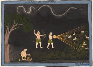 Maharana Jagat Singh II de Mewar (r. 1734-1751) vestido como un Bhil, cazando ciervos de noche