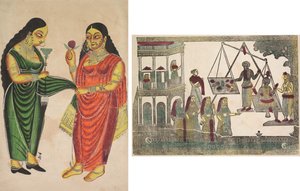 Maid Bringing a Hookah to a Lady (recto); Krishna Weighted against Precious Objects (?) (verso)