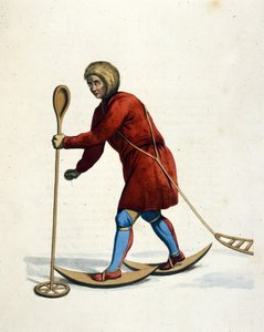 Hombre de la tribu Ostiak (Khanty o Khante) (Siberia) esquiando. Grabado de 
