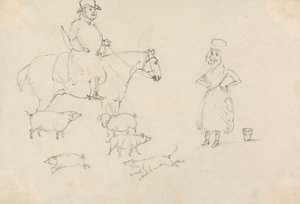 Hombre a caballo con cerdos de Unknown artist