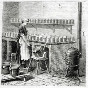 Fabricación de queso camembert (el cuajo se vierte en moldes) - en “Las maravillas de la industria” de Louis Figuier de Unknown artist
