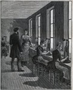 Fabricación de plumas de metal: taller de recorte en Francia en el siglo XIX. Grabado de 1885 en “Les arts et metiers illustres” por Adolphe BITARD.