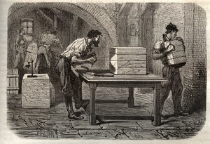 Fabricación de jabón - La industria del jabón - Corte de una barra de jabón de Marsella en barras, usando un alambre. Grabado en 