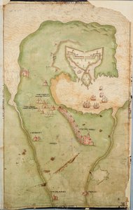 Mapa de Smerwick, Irlanda, que muestra el terraplén inglés con dos cañones para atacar el fuerte español y soldados ingleses marchando fuera de Castell Más información de Unknown artist
