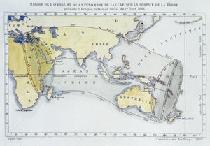 Mapa, publicado por la Oficina de Longitudes, mostrando la marcha de la sombra y oscuridad de la Luna sobre la superficie de la Tierra durante el eclipse de 1868 de Unknown artist