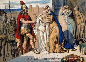 Matrimonio de Galeswinthe (567): salida de Galeswinthe para casarse con Chilperico, jefe de los francos neustrianos. Cromolitografía de la serie "Enseñanza patriótica por imagen" de Unknown artist