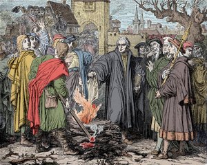 Martín Lutero (1483-1546) en Wittenberg quema la bula de excomunión hecha por el Papa León X de Unknown artist