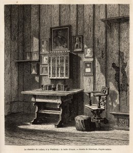La habitación de Martín Lutero (1483-1546) en Wartburg donde se refugió tras su excomunión en 1521, con su retrato y los de sus padres sobre el escritorio, bajo cuyos ojos tradujo la Biblia al alemán y redactó sus textos más famosos
